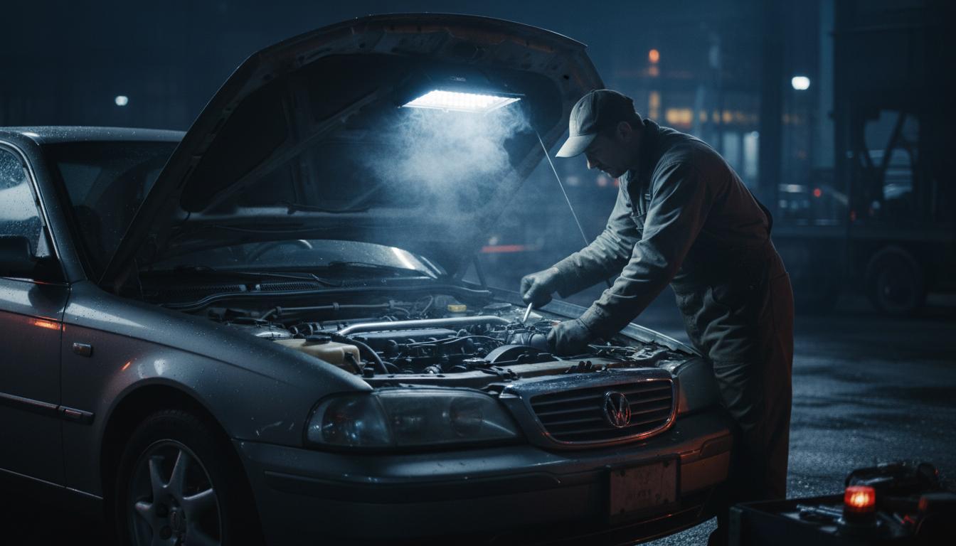Mobile car repair mechanic working on a sedan in Mobile, AL